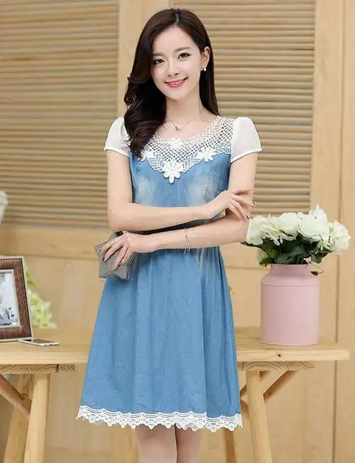 顾芊 2015夏季新款女装短袖牛仔裙韩版时尚气质蕾丝花边牛仔连衣裙