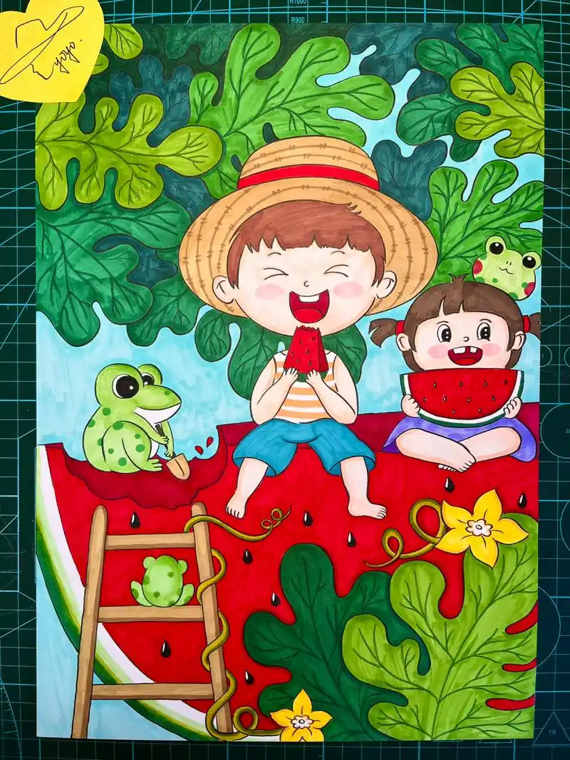 夏天吃西瓜清凉一夏手绘儿童画 夏天吃西瓜清凉一夏手绘儿童画