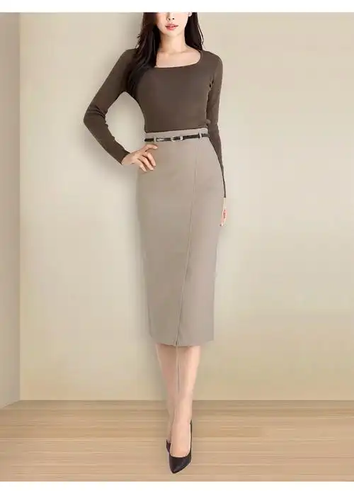 悉姗xisha时尚女装卡其色包臀裙半身裙女春季新款前开叉一步裙中长款