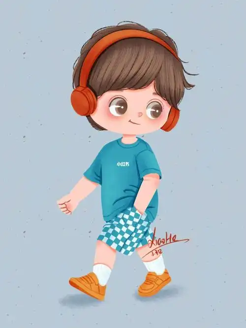 q版人物上色带耳机的小男孩