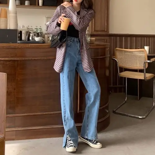 实拍~2021春款复古开叉拖地牛仔裤女韩版高腰显腿长宽松直筒裤子