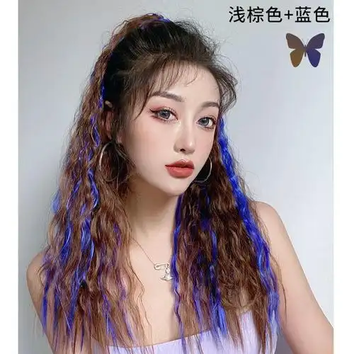 黑色挑染紫色假发女马尾玉米烫羊毛卷蓬松马尾长卷发抓夹式马尾挑染高