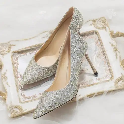 2021新款浅色高跟鞋细跟水晶鞋主婚鞋女新娘结婚拍婚纱照用的鞋子