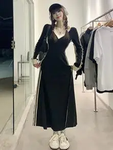 女装 连衣裙女秋季 长裙 黑色裙子冷淡系法式 黑色 -