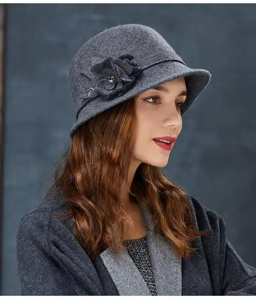 毛呢小礼帽女士经典复古纯色盆帽花朵全羊毛毡帽子