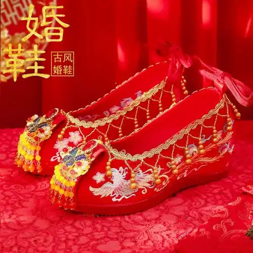 流苏古风旗袍绣花鞋红色中式子秀禾新娘婚鞋内增高鞋原创汉服婚鞋