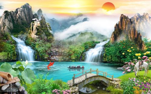 767海报印制展板写真喷绘1137高山流水旭日东升鱼山水风景装饰画