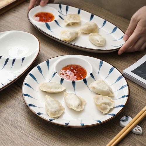 饺子盘带醋碟陶瓷分格碟创意网红餐具家用大号圆形盘水饺盘子托盘