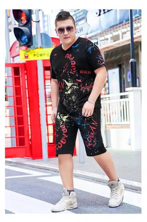 五分裤加肥加大短裤体恤欧美风逅枫装黑色tz162短袖套装2xl170190斤