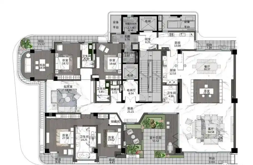 第五代空中大平层,每一户都有挑空两层空中花园