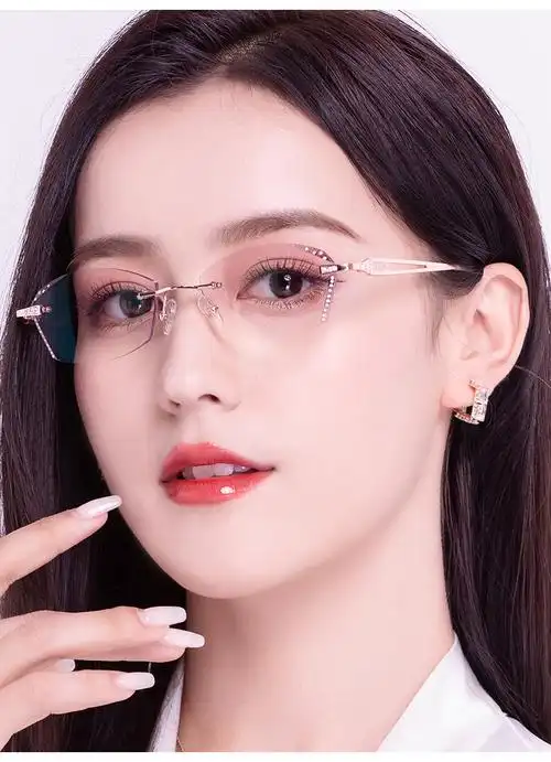 近视眼镜女纯钛超轻无框眼镜架防蓝光镶钻石切边眼镜框156无色片