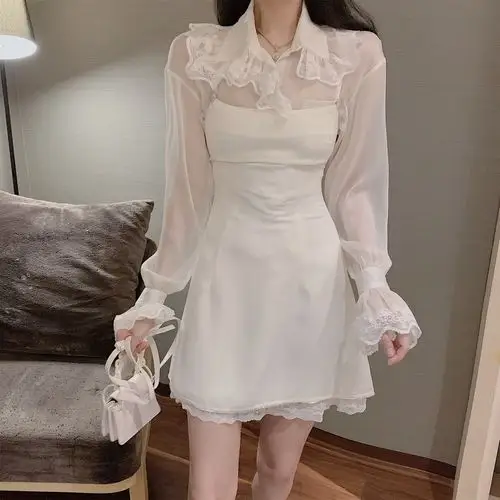 8569#实拍实价 真丝绉蕾丝绑带衬衫 锆石钻吊带连衣裙