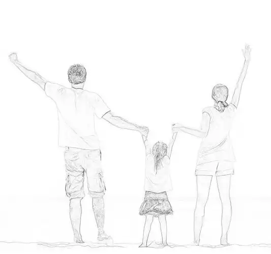 爸爸妈妈和宝宝手牵手在海边的素描图画