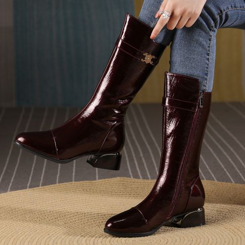 时尚新款2023春季大码女靴子41一43中筒靴显瘦加绒粗跟棉靴42靴子