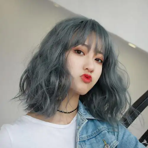 一折短发假发_假发女短发全头套式雾蓝色短卷发气质新式发套网红可爱