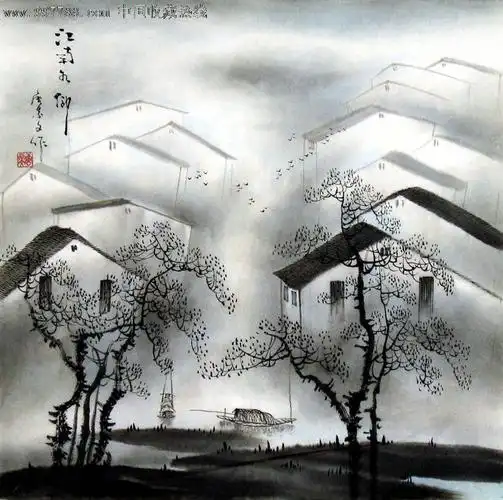 唐景文国画山水画四尺斗方江南水乡21542