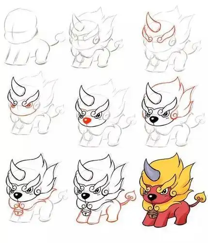 年兽简笔画教程 古代人过年时贴红联穿红衣燃爆竹以驱年兽