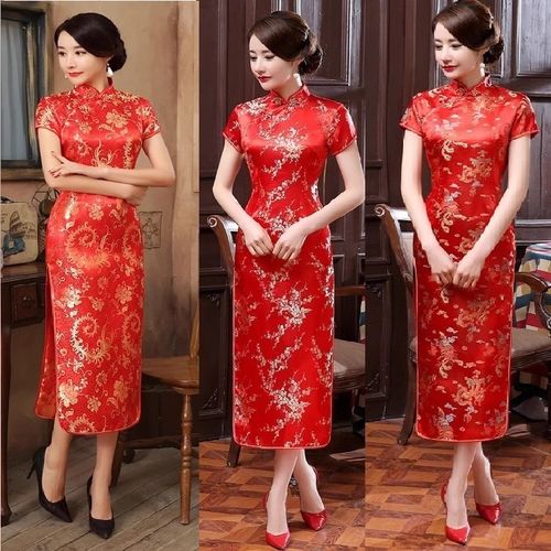 女款梅花斜襟凤尾龙凤长款开业中国风舞台表演大红织锦缎礼服旗袍
