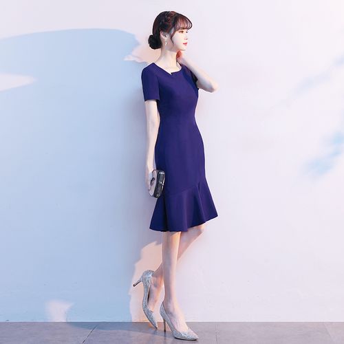 藏青色宴会晚礼服女气质洋装平时可穿高端妈妈参加婚礼鱼尾连衣裙