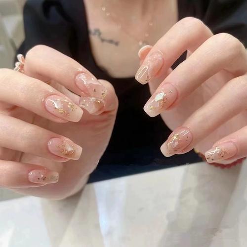 纯手工穿戴甲晕染温柔气质云母贝壳美甲成品光疗假指甲贴少女