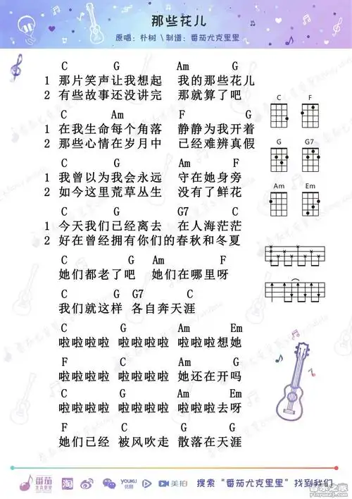 番茄版 朴树《那些花儿》尤克里里弹唱谱