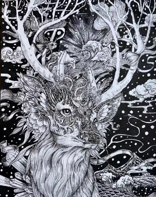 动物黑白装饰画浮世绘鹿