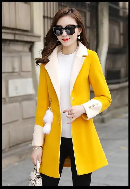 2019冬季新款韩版女装毛呢外套女修身中长款秋冬加厚收腰呢子大衣 黄