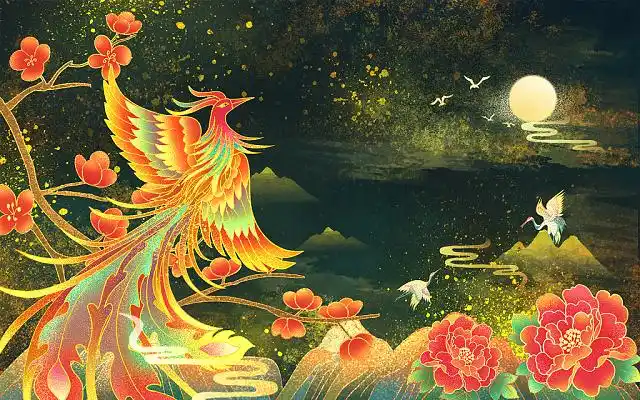 国潮风烫金凤凰仙鹤山水插画海报背景烫金国潮插画背景