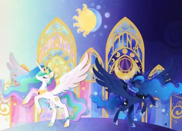 中的皇家姐妹宇宙公主和月亮公主共同治理小马国,一个负责太阳的升起