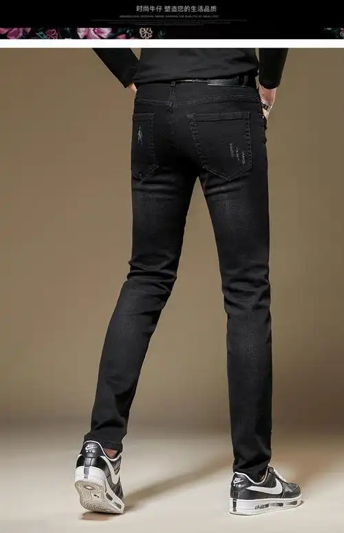 【新品】放心购男士牛仔裤潮牌刺绣破洞印花弹力修身小脚潮流休闲黑色