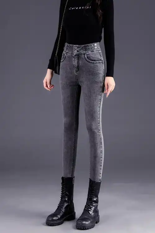 高腰弹力修身显瘦牛仔裤女小脚裤秋冬季新款网红黑色 strong>铅笔裤