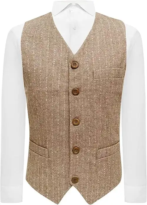 棕褐色人字纹细条纹马甲