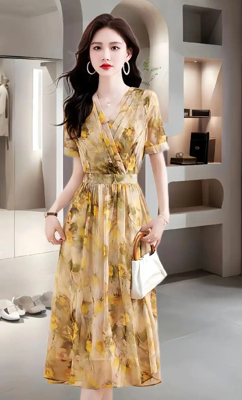 2024年新款连衣裙女夏季收腰过膝长款雪纺长裙气质显瘦女士大码裙子它