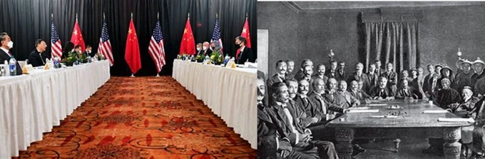 两个辛丑年的对比图火爆网络1901年辛丑条约签署时的画面与2021年中美