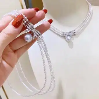 设计款多层珍珠项链 天然bb珍珠设计款三层珍珠项链锁骨链颈链