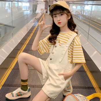 9-12岁小学生衣服洋气2022新款美少女圆领短袖 吊带裤女孩子网红服装