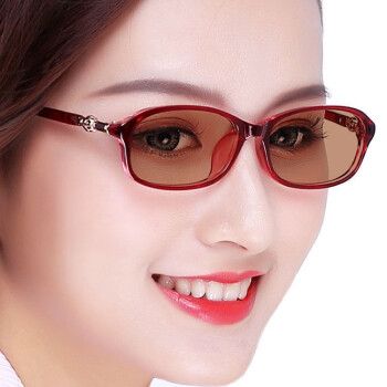 变色近视眼镜女士平光镜无度数日夜两用防辐射变色太阳镜 红色框[变