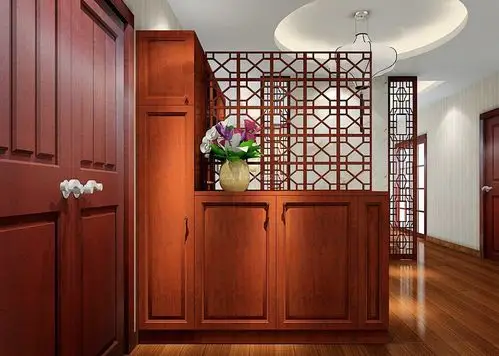 中式客厅进门玄关鞋柜实木隔断效果图