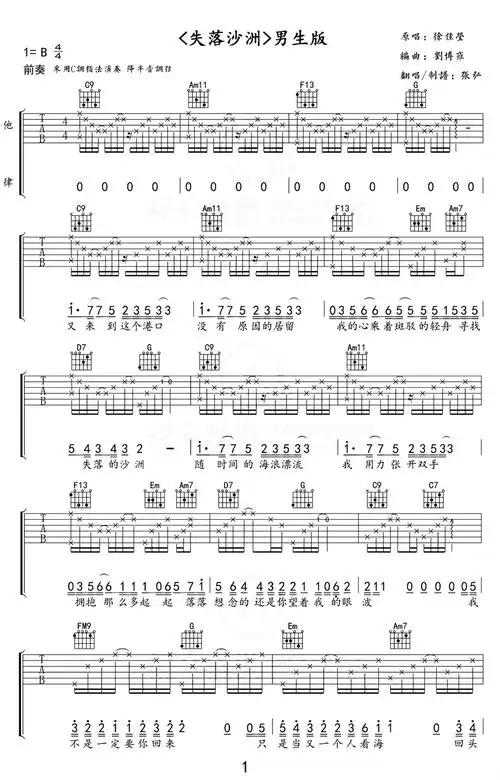 徐佳莹失落沙洲吉他谱c调吉他弹唱谱男生版