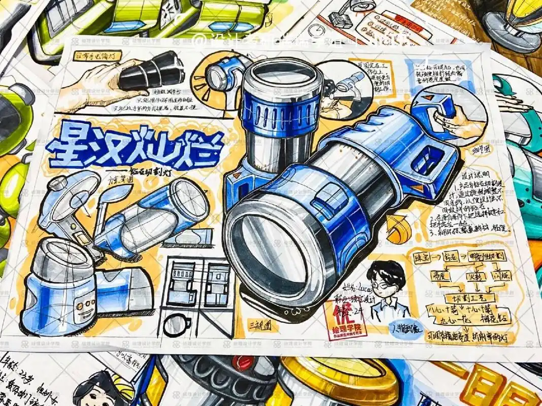 手绘快题|手电筒灯设计 手持类产品-手电筒设计 关键词:材质 外形