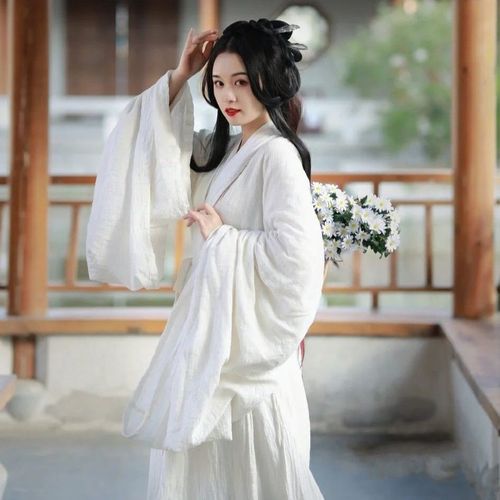 魏晋风汉服女棉麻古装中国风白色超仙气古风飘逸写真艺术照摄影服