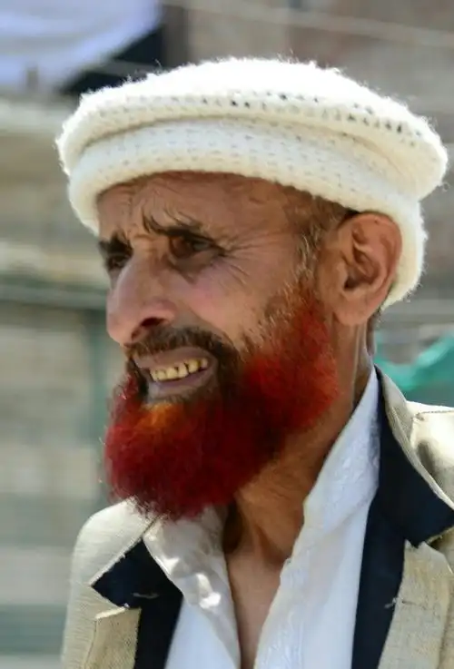 红胡子!据说是为了美观,用海娜粉染的.海娜粉,熟悉吗?号称天然染发粉.