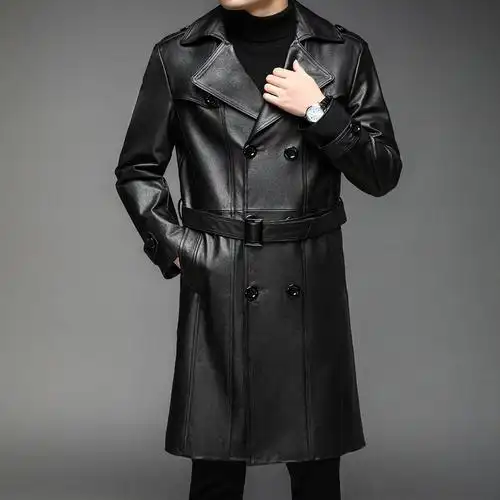 2021冬季新款男士纯色翻领休闲现货简约合体型纯色长款风衣款皮衣