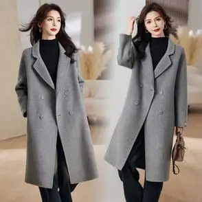 纯手工缝制双排扣西装领双面羊毛呢大衣外套2023秋冬主推新款