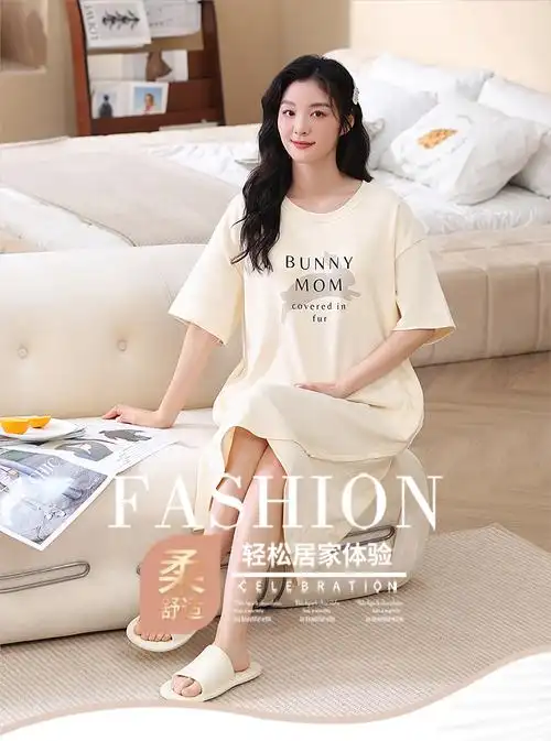 (睡裙)夏季女士新款带胸垫纯棉睡衣短袖睡裙休闲简约家居服 - 17网