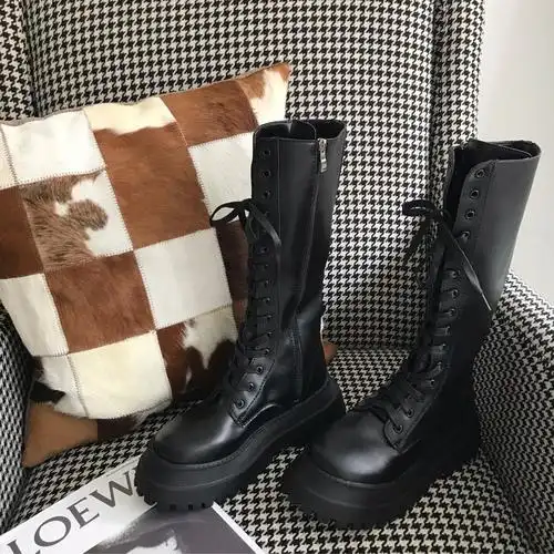 小sun家2021新款百搭女高筒绑带厚底薄款帅气马丁靴潮ins小腿靴