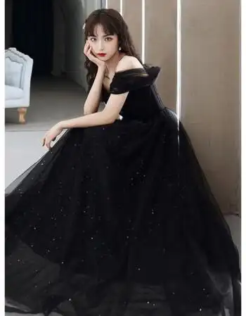 女主持人小礼服宴会晚礼服雅一字肩黑色气质高端大气年会名媛黑色中长