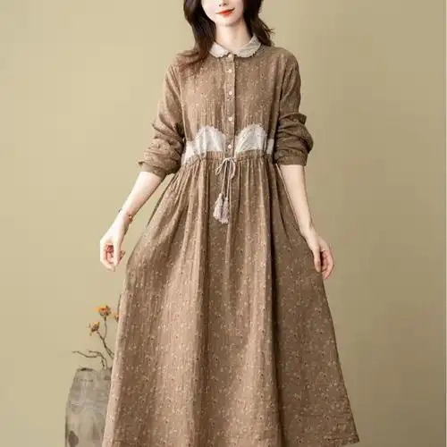 棉麻套头连衣裙 2024春季新款 印花翻领流苏抽绳长袖复古女士长裙