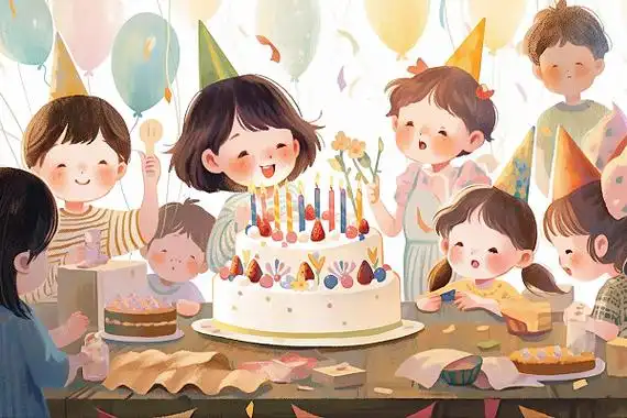 人物孩子们在餐桌上庆祝生日卡通ai插画人物孩子们在餐桌上庆祝生日