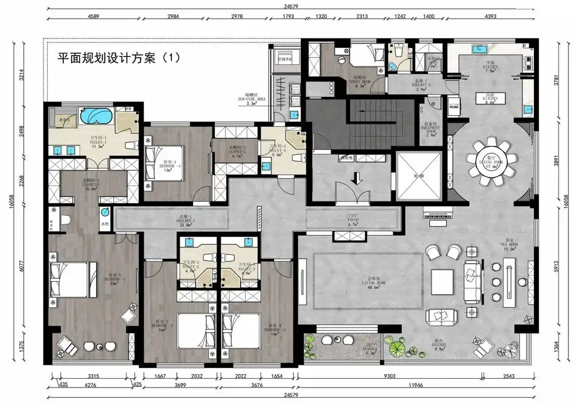 这种超级大平层不能用空间利用率来衡量户型的好坏了,这种豪宅追求的